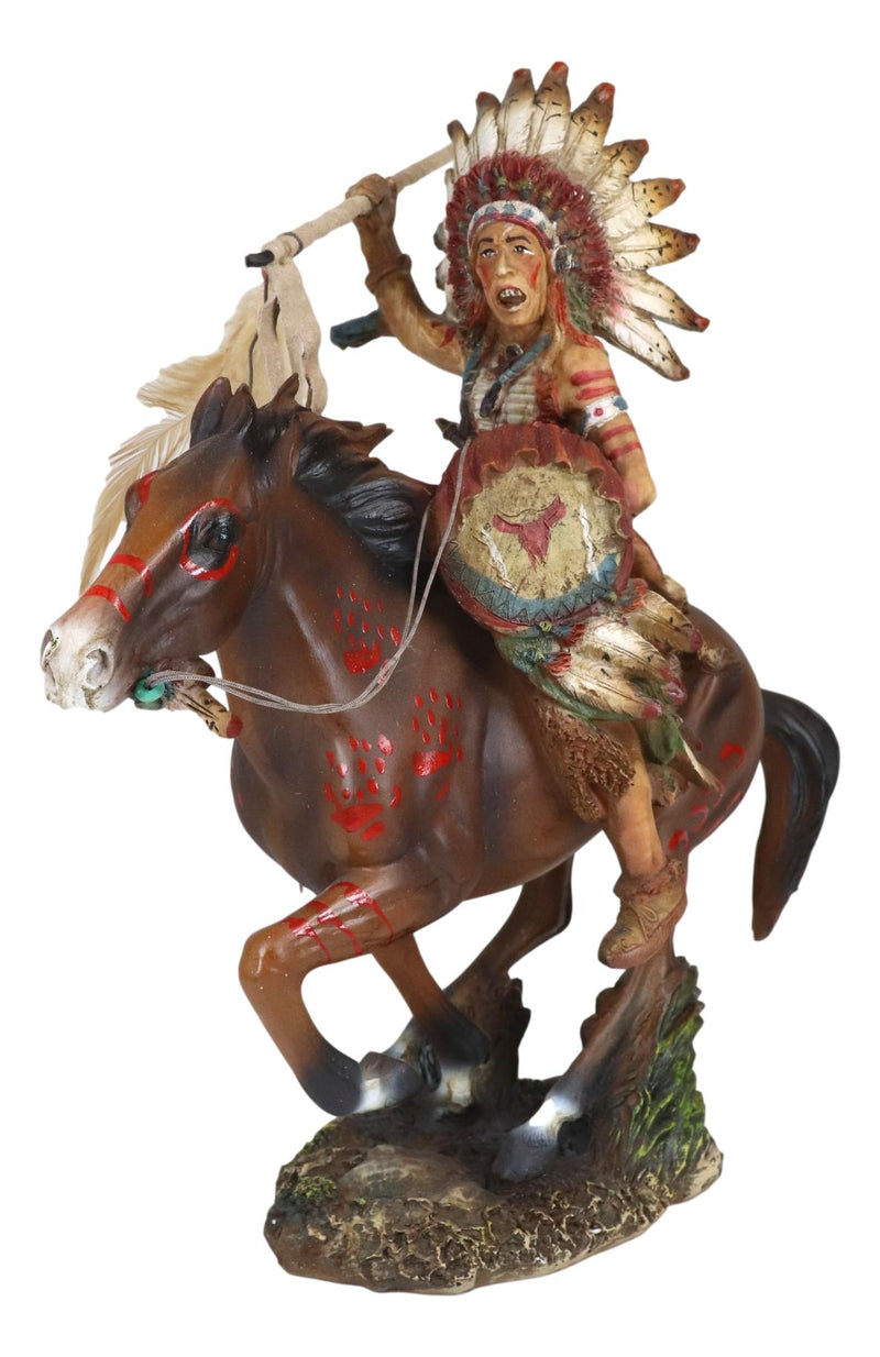 Indian Chief Eagle Warrior War Headdress On Horse Throwing Spear Figurine 13"H