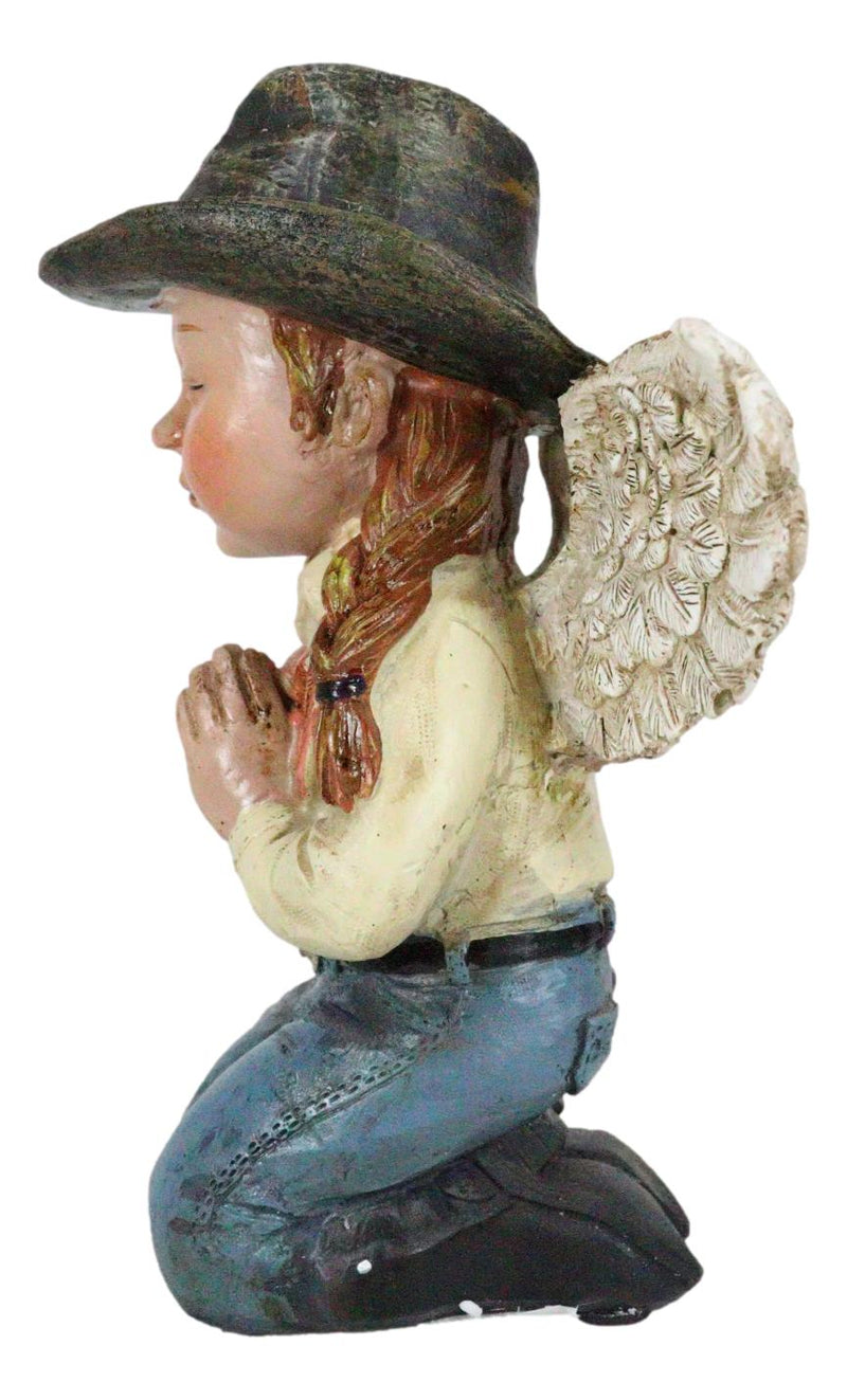 Rustic Western Cowgirl Angel Wearing Hat And Jean Praying On Her Knees Figurine