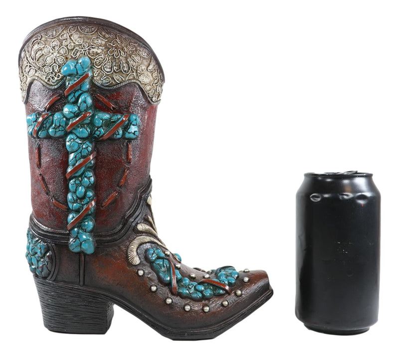 Rustic Western Turquoise Rocks Cross Scroll Art Flower Vase Planter Cowboy Boot