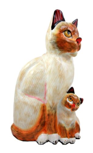 Balinese Wood Handicrafts Adorable Orange Feline Cat & Kitten Family Figurine