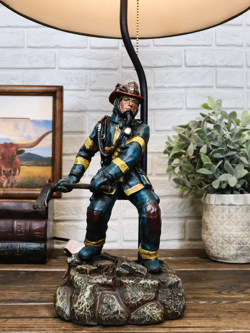 American Hero Fire Fighter Fireman Wielding Axe Table Lamp With Red Shade