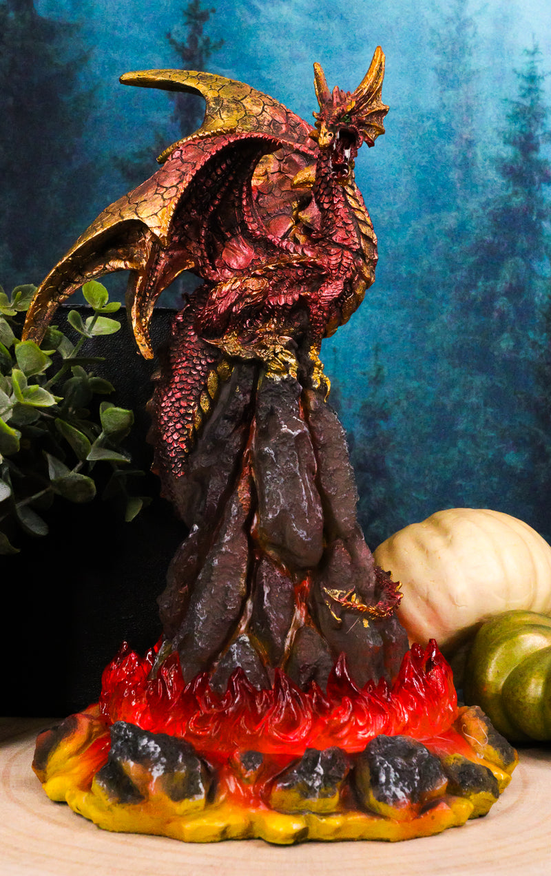 Ebros 10" H Volcano Red Fire Dragon On Rock Tower Figurine with LED Night Light - Ebros Gift