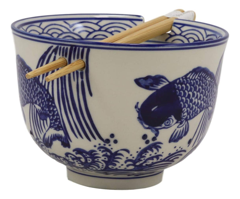 Zen Pond Koi Fish Waterfall Ramen Noodles 5"D Soup Rice Bowl With Chopsticks Set