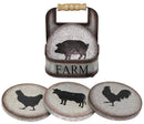 Ebros Gift Galvanized Metal Rustic Western Animal Farm Livestock Rooster Hen Pig Cow Coaster Set 4 Round Assorted Coasters with Basket Holder 5.25" High Cabin Lodge Mountain Lake Side Home Decor