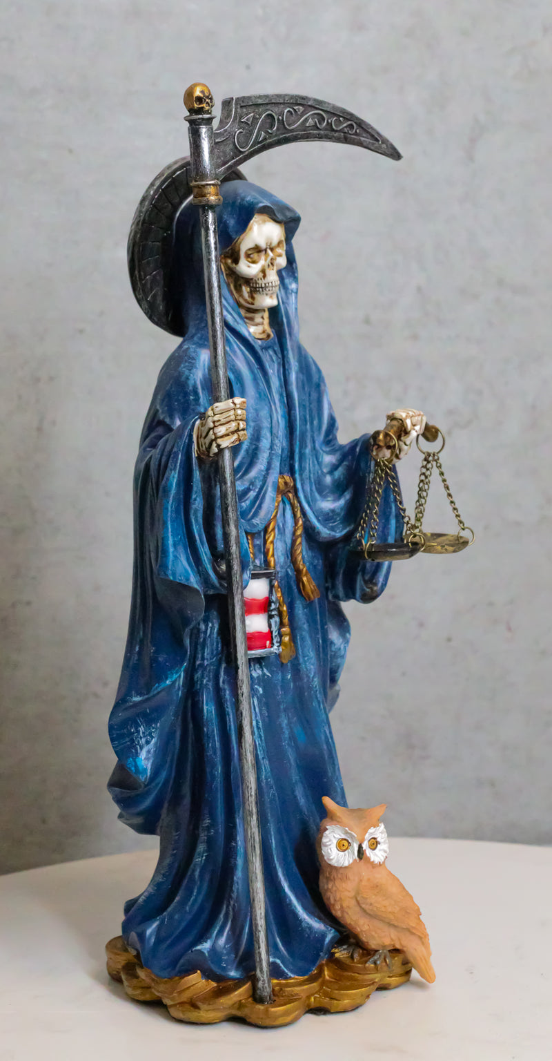 Standing Blue Santa Muerte With Scythe Scales of Justice And Wise Owl Figurine