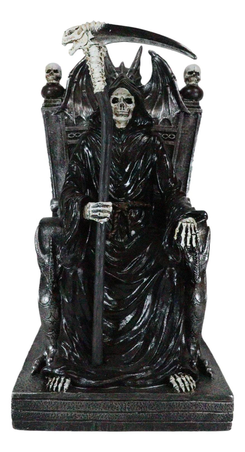 Ossuary Gothic Grim Reaper Seated On Skulls And Dragon Throne With Scythe Statue