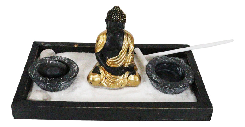 Golden Robe Buddha Monk Zen Garden With Pebbles Sand And Rake Decorative Set