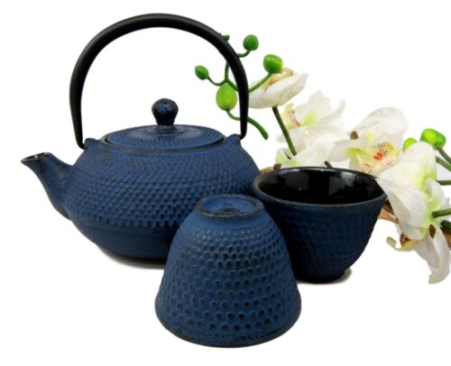 Japanese Blue Cast Iron Teapot Set With Trivet and Cups Serves 2 Dinnerware