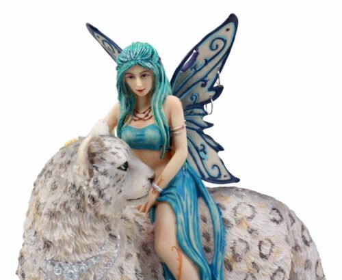 Large Blue Frost Fairy Riding Snow Leopard Statue Home Decor Mythical Fantasy