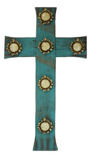 Rustic Western Distressed Wood Turquoise Blue Faux Antler Bone Crowns Wall Cross