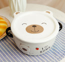 Pack Of 2 White And Beige Kuma Bear Porcelain Kids Food Bowls 25Oz W/ Lid Plate