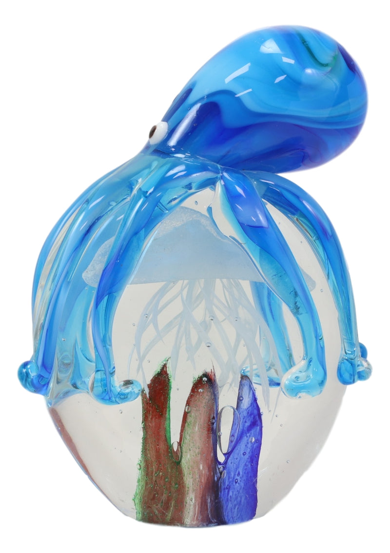 Ebros Hand Blown Glass Glow In The Dark Jellyfish W/ Blue Octopus Figurine