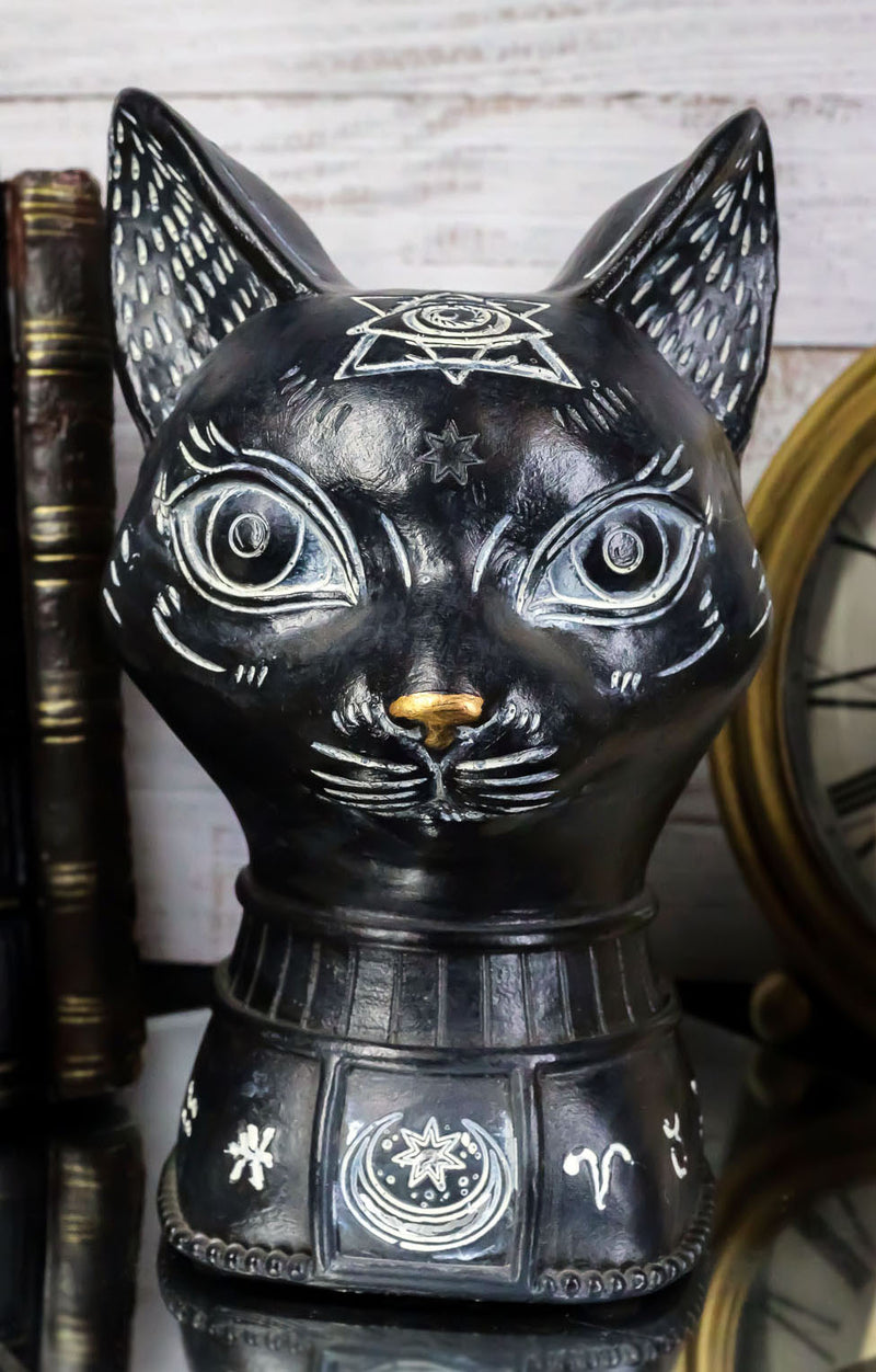 Wicca Black Cat Bust With Pentagram Spiritual Eye And Alchemy Symbols Figurine