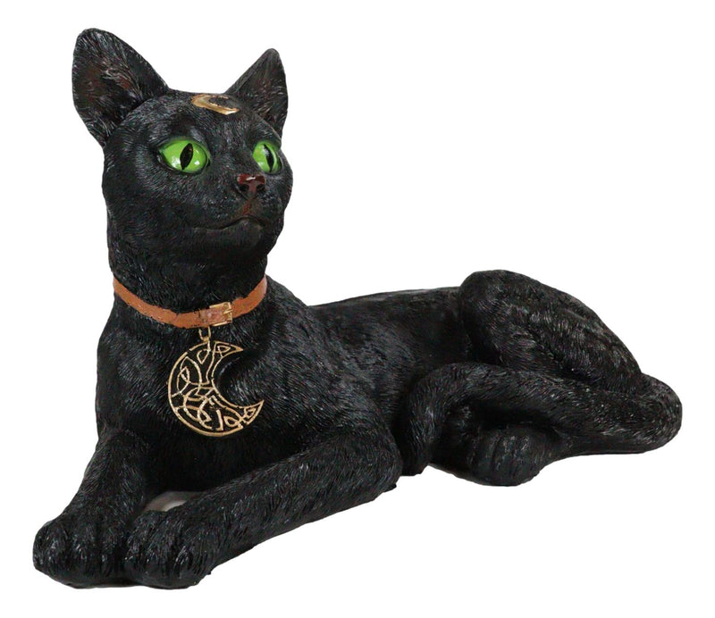 Wicca Witchcraft Green Eyed Black Cat With Crescent Moon Necklace Figurine