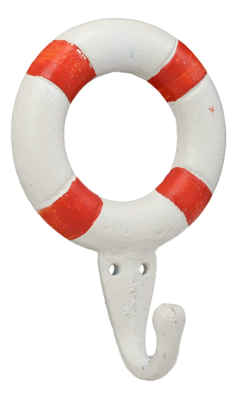 Ebros Gift 6.5"Tall Cast Iron Nautical Coastal Sailor Lifeguard Life Ring Buoy White With Red Stripes Wall Hook (4) - Ebros Gift