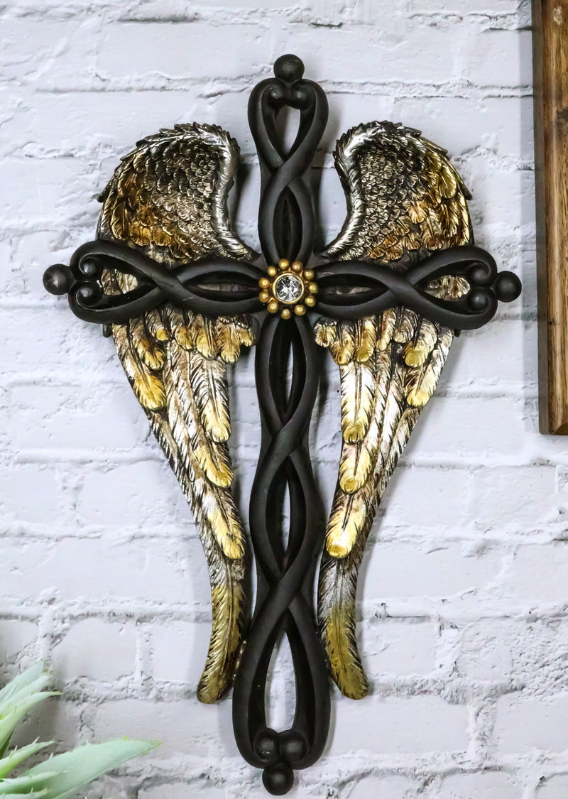 Inspirational Golden Angel Wings with Black Twisted Knotwork Wall Cross Plaque