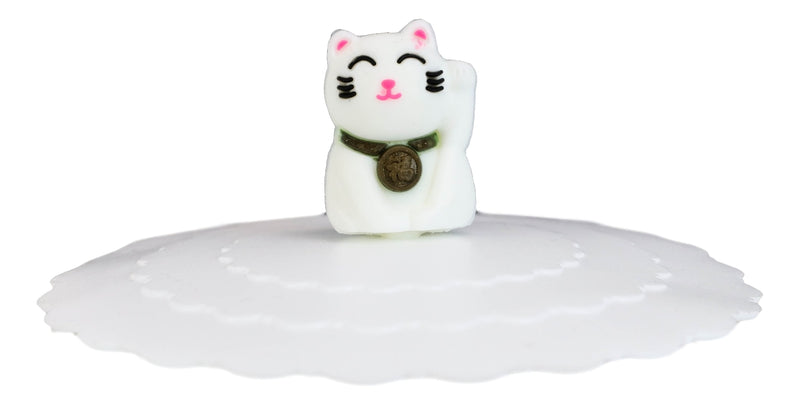 Set Of 4 White Maneki Neko Cat Reusable Silicone Coffee Tea Mug Cup Cover Lids