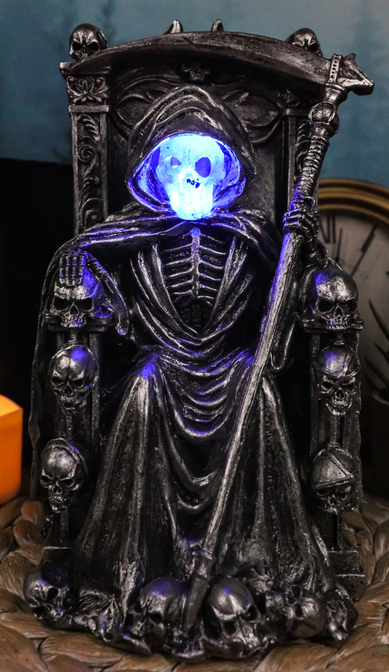 Dark Lord Grim Reaper Skeleton On Throne With LED Light Ghastly Face Figurine