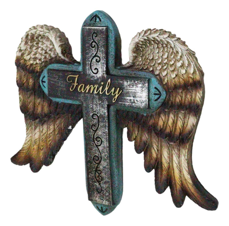 Rustic Western Scroll Art Angel Winged Family Distressed Faux Wood Wall Cross