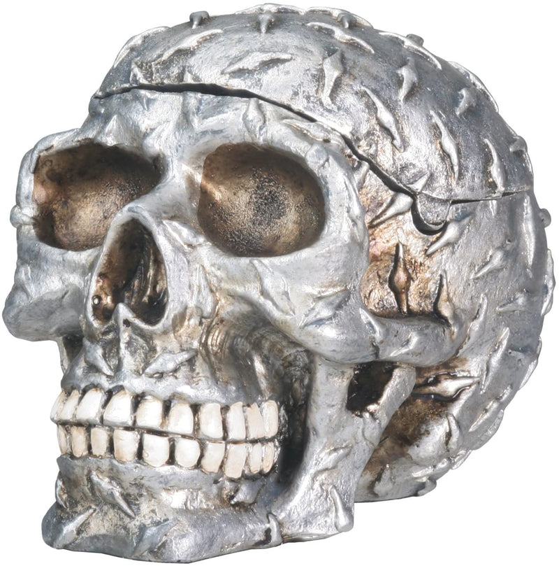 Cyborg Metallic Diamond Plate Skull Container Jewelry Box Figurine Collectible