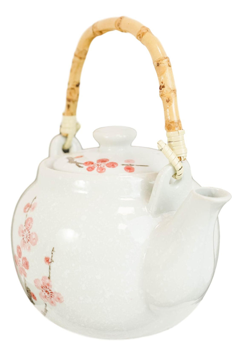 Sakura Pink Cherry Blossoms Speckled White Ceramic 42oz Large Tea Pot Teapot