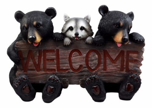 Ebros Forest Pals Welcome Sign Twin Black Bears And Racoon Garden Greeter Statue 16"L