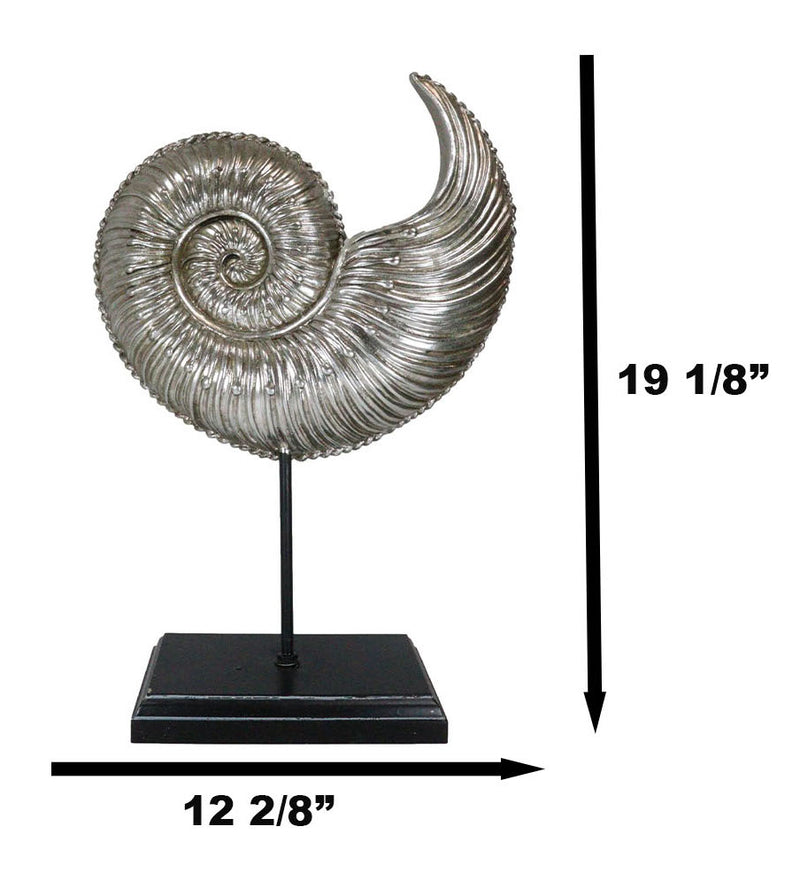 19"H Large Silver Gold Leaf Resin Marine Sea Spiral Nautilus Shell On Pole Stand