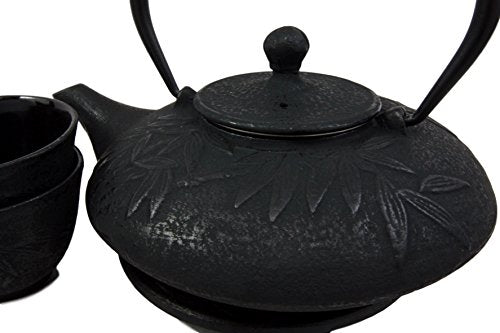 Ebros Japanese Forest Black Heavy Cast Iron Tea Pot Set With Trivet and Cups Set