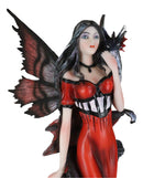 Butterfly Winged Elf Fairy In Red Evening Gown With Midnight Dragon Figurine