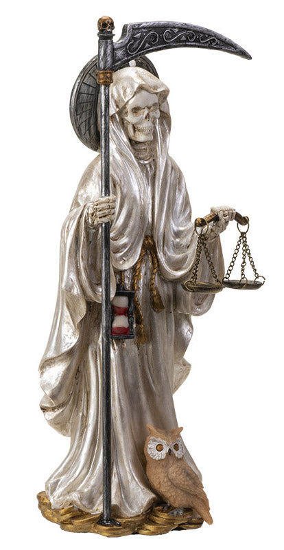 Standing White Santa Muerte With Scythe Scales of Justice And Wise Owl Figurine