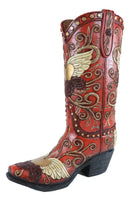 Western Country Angel Wings Heart Roses Scrollwork Cowgirl Red Boot Flower Vase