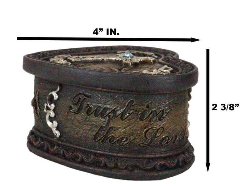 Rustic Western Trust In The Lord Scroll Cross Heart Shaped Jewelry Trinket Box