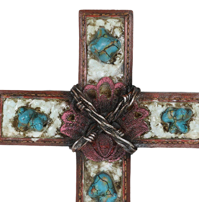 Rustic Western Crackled Turquoise Stones On White Rocks Barbed Wires Wall Cross