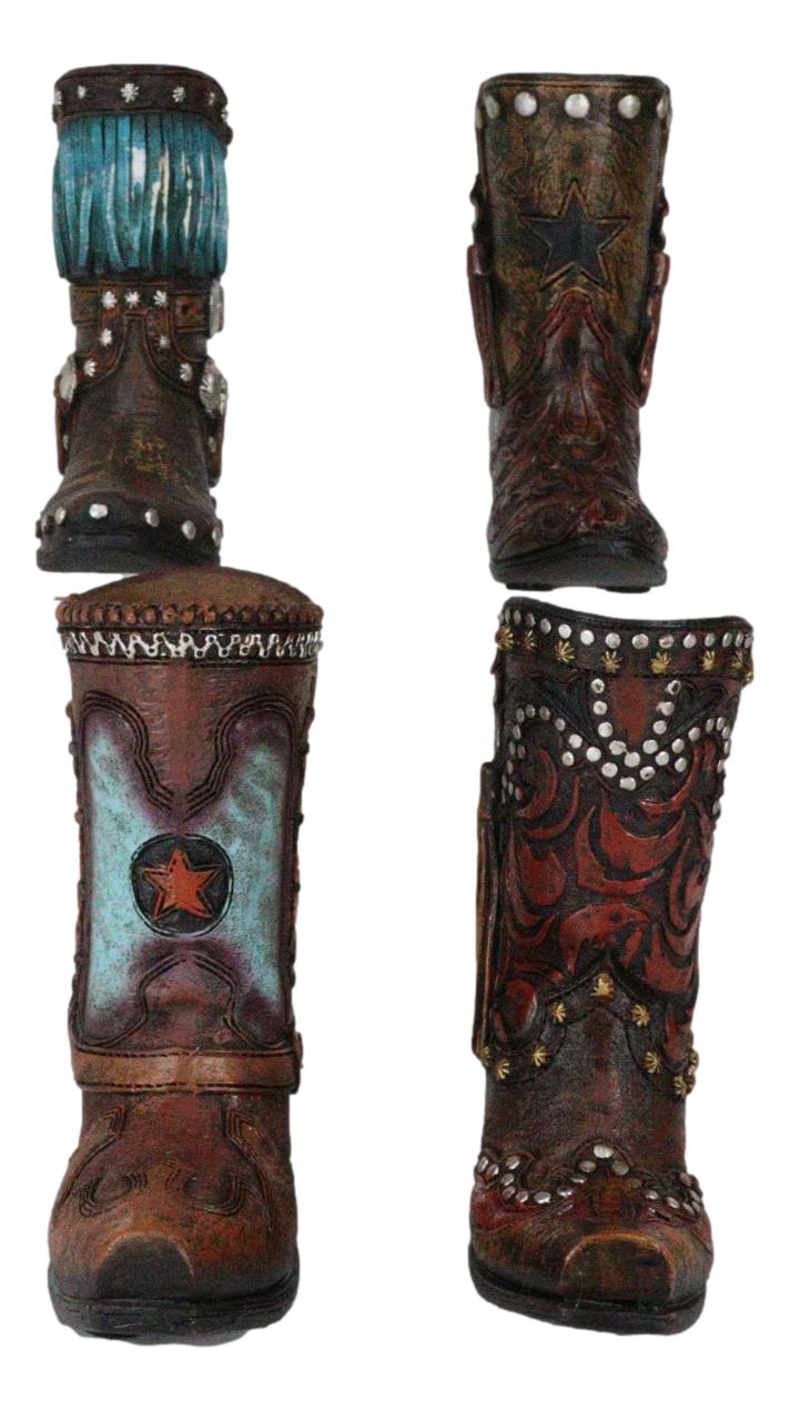 Set of 4 Western Cowboy Turquoise Tooled Leather Boots Make Up Tools Pen Holder