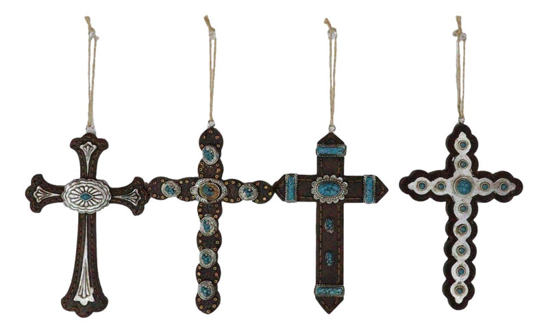 Rustic Western Turquoise Faux Leather Crosses Set of 4 Christmas Tree Ornaments