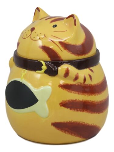 Ceramic Feline Orange Tabby Fat Cat With Giant Fish Belly Cookie Jar 7.25"Tall