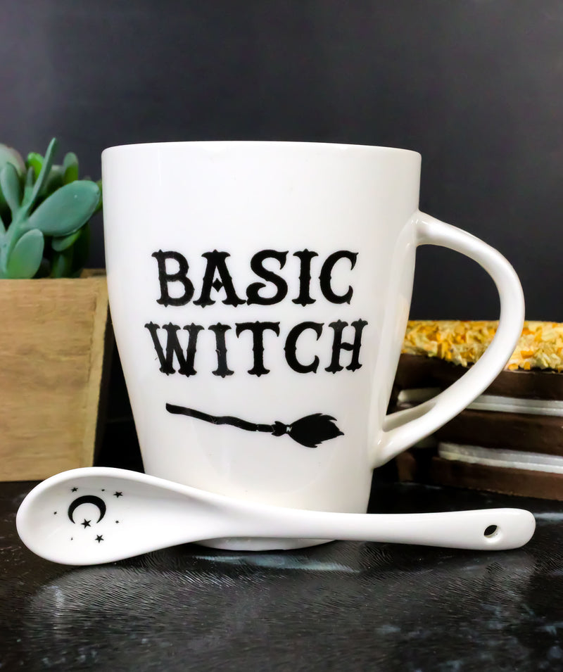 Witchcraft Wicca Basic Witch Crescent Moon Broomstick Coffee Mug And Spoon Set