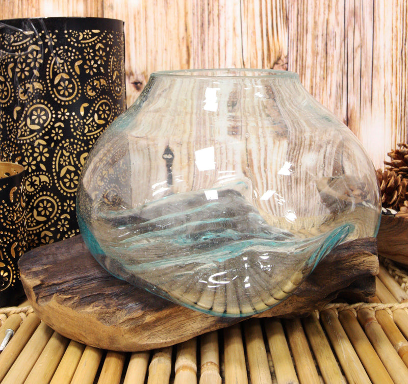 Balinese Handicraft Natural Driftwood With Fitted Hand Blown Glass Bowl 9"W