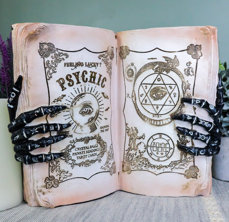 Evil Eye Psychic Book of Occult Alchemy Wicca With Skeleton Fingers Figurine