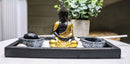 Golden Robe Buddha Monk Zen Garden With Pebbles Sand And Rake Decorative Set