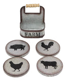 Ebros Gift Galvanized Metal Rustic Western Animal Farm Livestock Rooster Hen Pig Cow Coaster Set 4 Round Assorted Coasters with Basket Holder 5.25" High Cabin Lodge Mountain Lake Side Home Decor