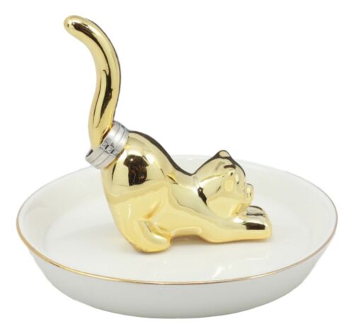 Golden Feline Cat Kitten Ceramic Ring Accessory Jewelry Holder Vanity Display