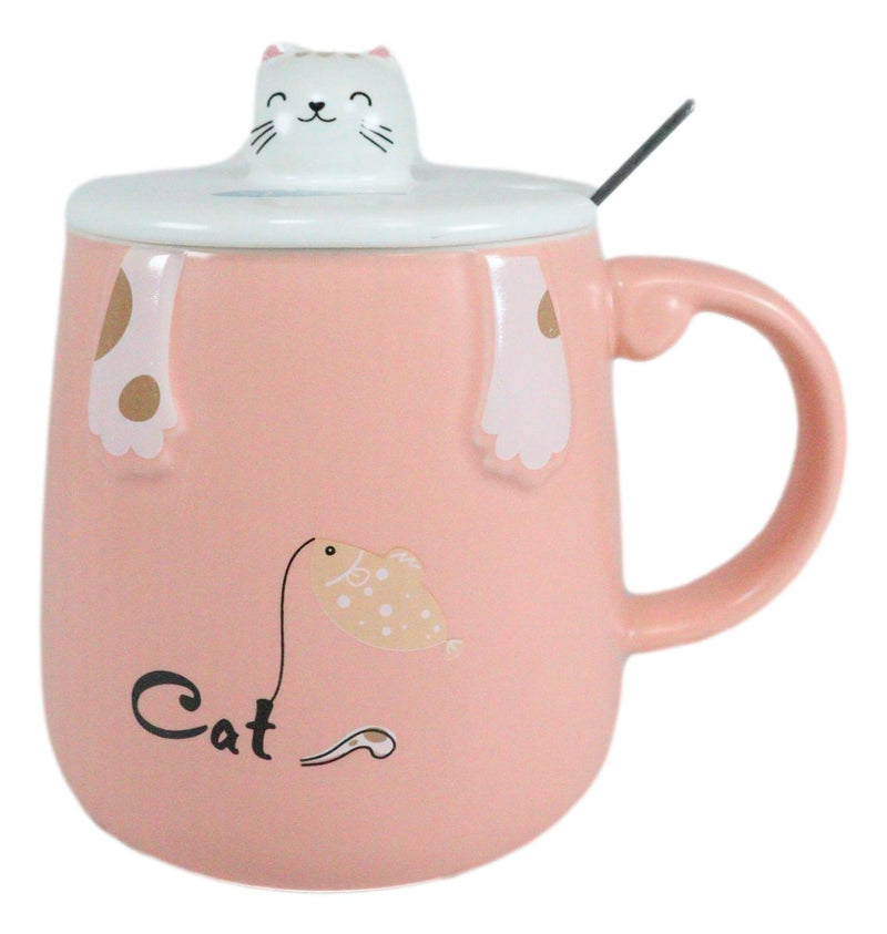 Pack Of 2 Pink Calico Cat Catching Fish Tea Coffee Mug With Lid And Spoon 15oz