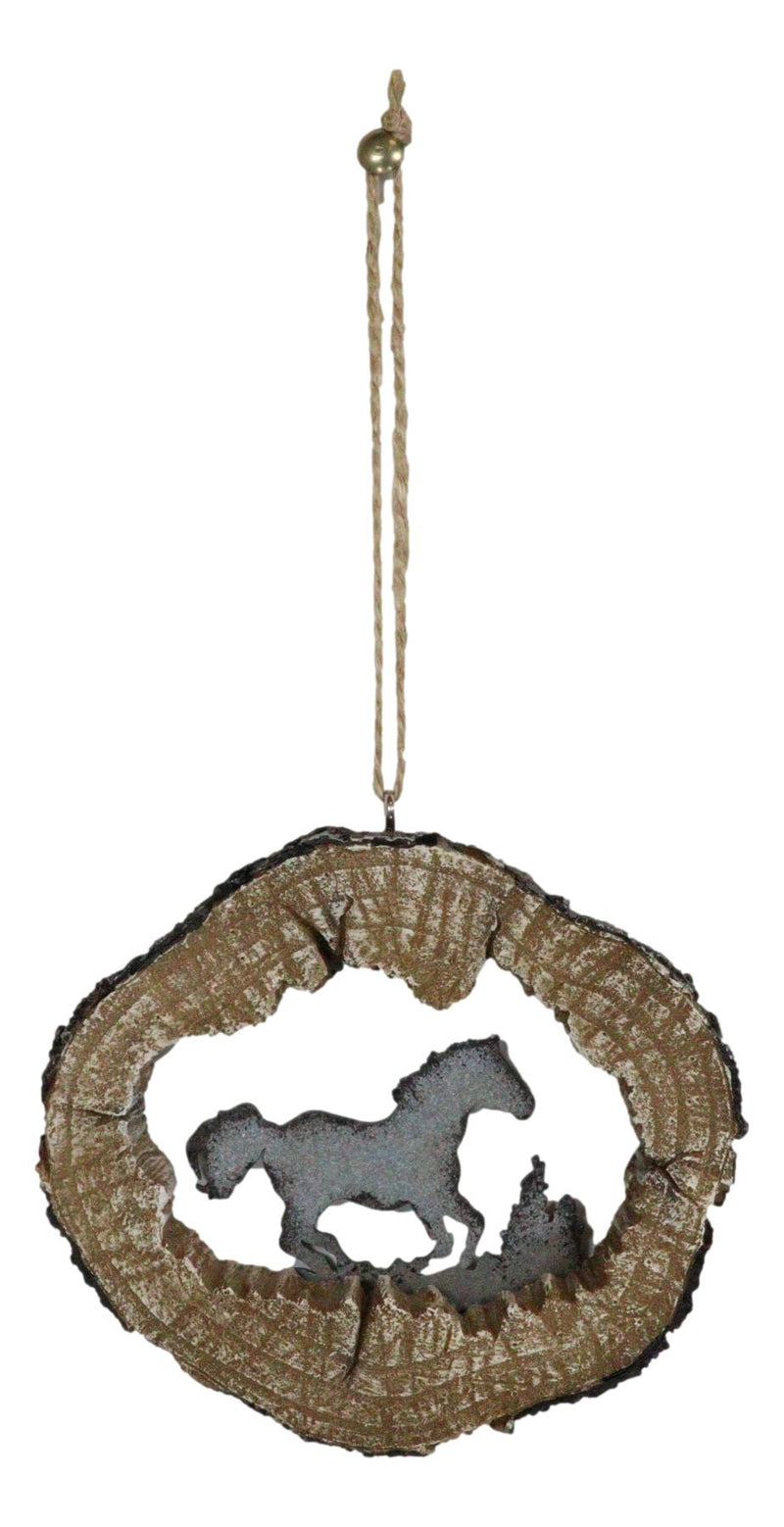 Rustic Western Wild Horse Faux Wood Log Slice Set of 4 Christmas Tree Ornaments