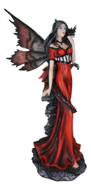 Butterfly Winged Elf Fairy In Red Evening Gown With Midnight Dragon Figurine