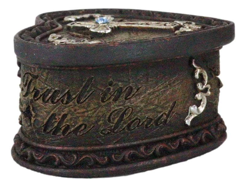 Rustic Western Trust In The Lord Scroll Cross Heart Shaped Jewelry Trinket Box