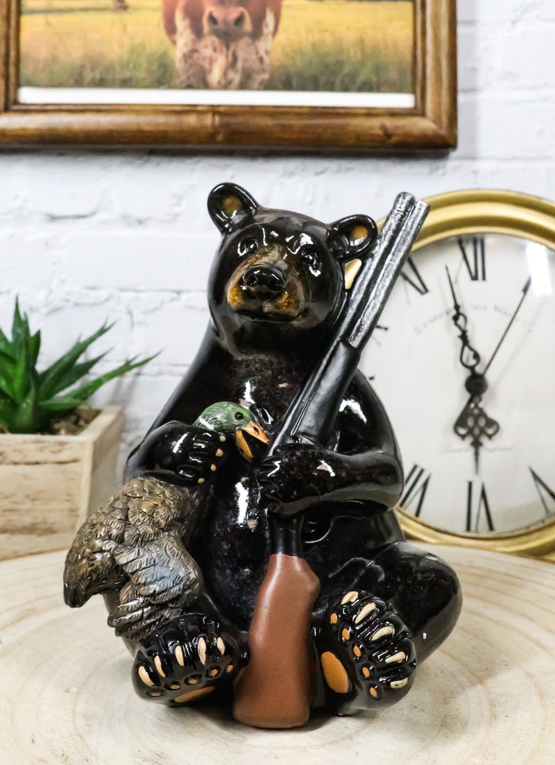 Western Rustic Hunter Black Bear Holding Shotgun And Mallard Duck Figurine Decor