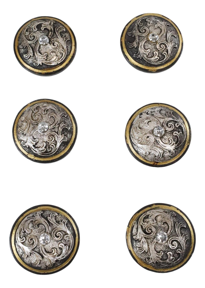 Set Of 6 Western Rustic Silver Floral Scroll With Gold Trim Cabinet Door Knobs