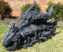 Oversized Giant 27"L Dragon Black Fossil Skull With Horns Grendel Drake Statue