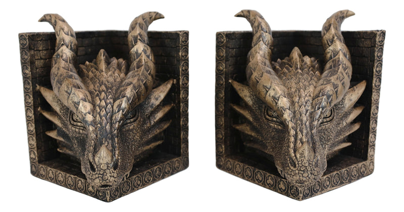 Guardians Of Bibliography Twin Dragon Heads On Pediment Bookends Statue Set